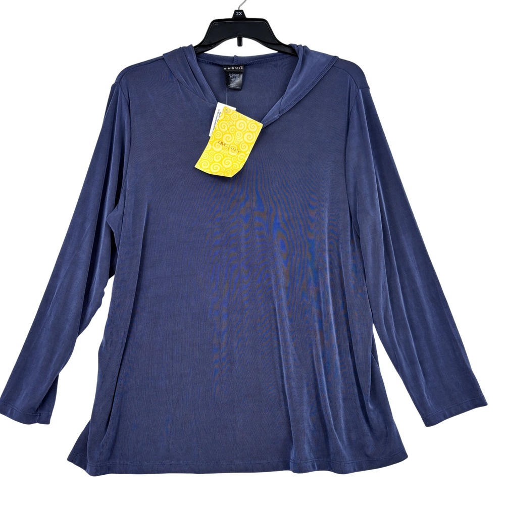 Citiknit Hooded V Neck Long Sleeve Top Womens 2X Blue Slinky Stretch Lightweight